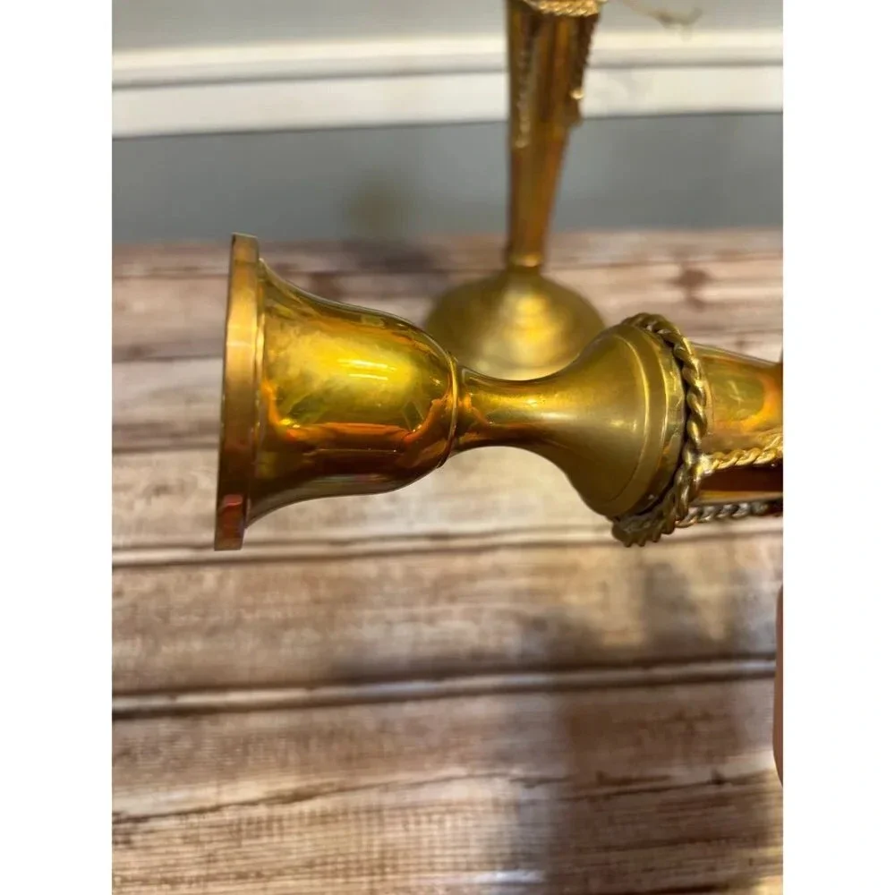 Solid Brass Rope Design Candlesticks, Made in India, Pair - 10.5
